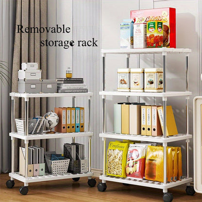 Rolling Storage Rack Organizer featuring Multiple Tiers, Constructed from Metal and Plastic, Easy to Move with Wheels, Ready to Use with No Assembly Needed, Ideal for Kitchen, Bathroom, Snacks, and Shoes Storage.