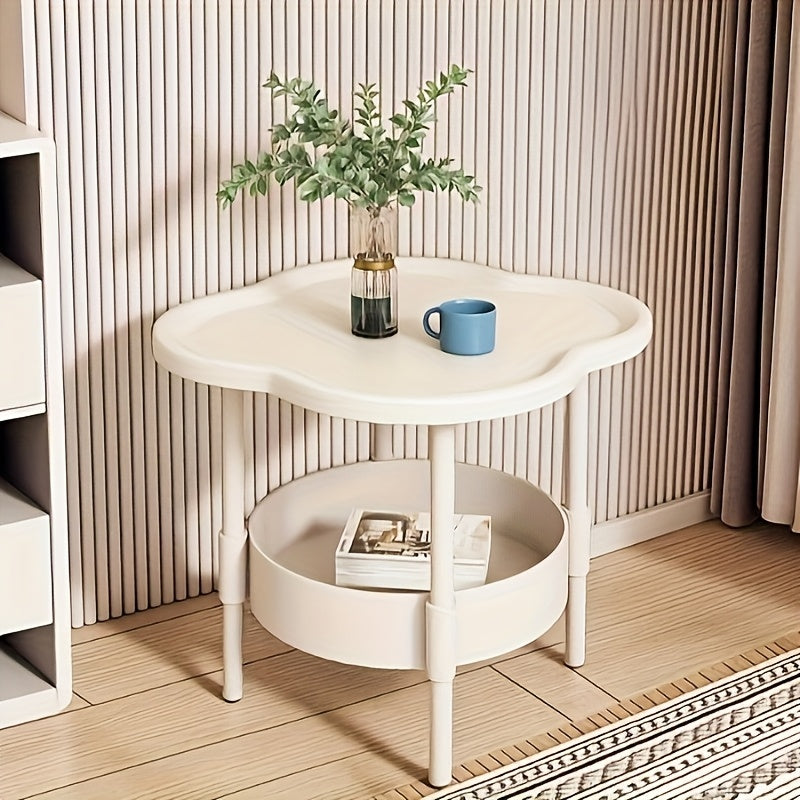 Modern minimalist round coffee table with 2-tier storage in white plastic, ideal for living room, bedroom, or office.