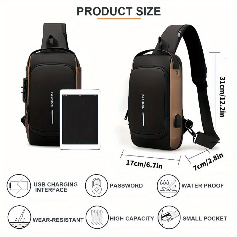 Stylish sling bag with password lock for men and women, perfect for daily commute and casual outings.