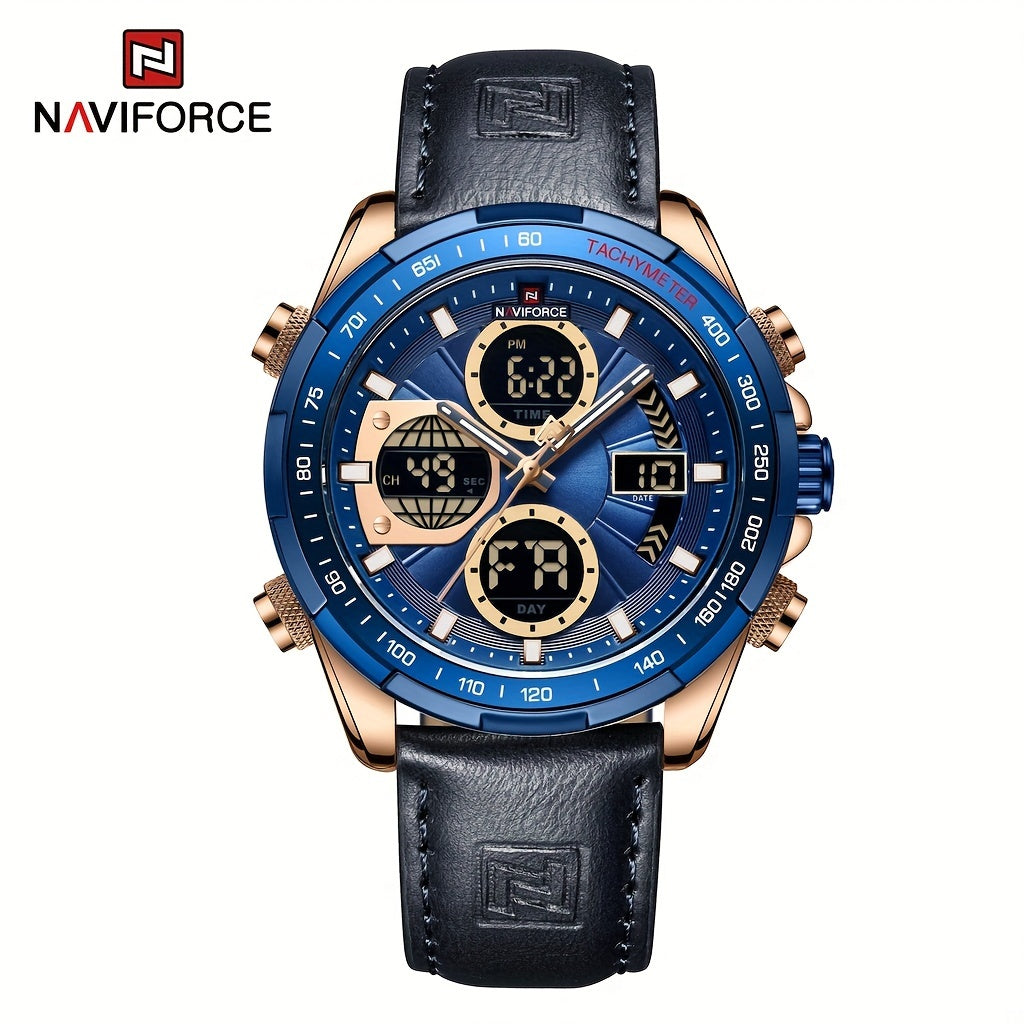 NAVIFORCE Men's Luxury Sports Quartz Watch - Waterproof, Genuine Leather Strap, Dual Display with Date & Chronograph Functions, Stainless Steel Case, Green Accents, Tachymeter Equipped