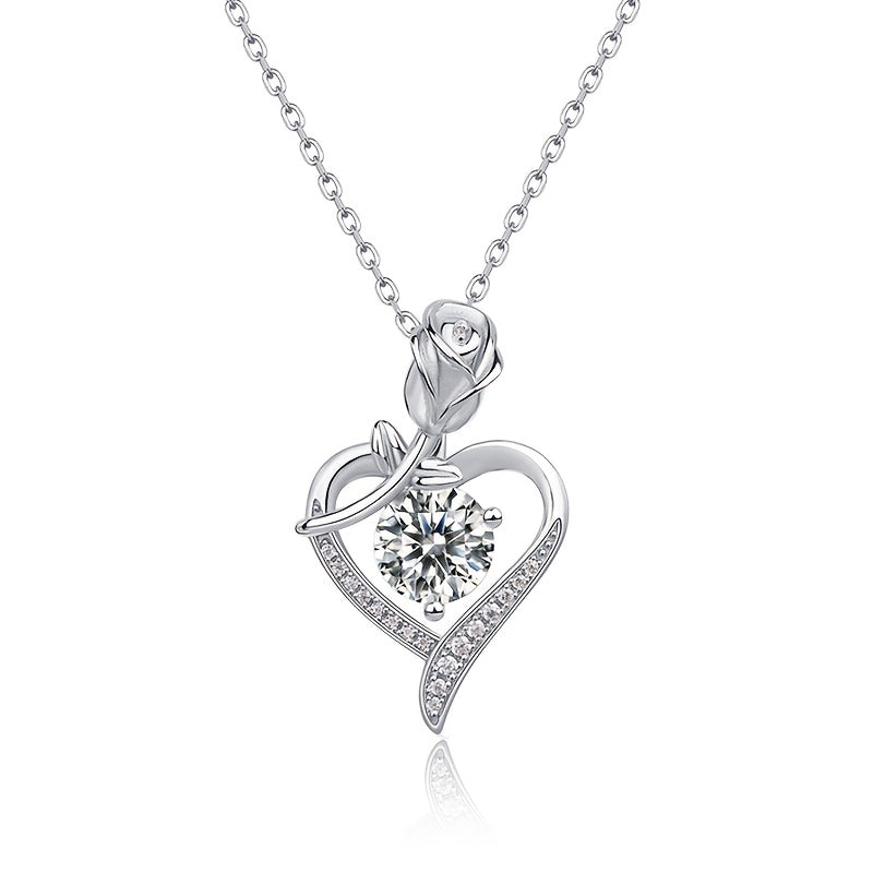 Rose Heart-Shaped Pendant Necklace - Elegant and luxurious necklace featuring a heart-shaped rose pendant adorned with synthetic cubic zirconia. Made with UV plated copper, this versatile piece is suitable for daily wear and gifting. Perfect for Mother's