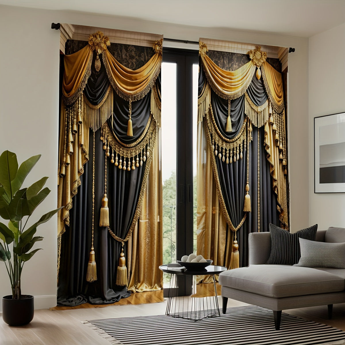 2pc Luxurious Black & Golden Valance Curtains with Elegant Rod Pocket Design, Semi-Transparent Polyester Fabric. Machine washable, perfect for living rooms or bedrooms. Ideal for study room