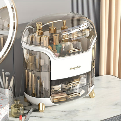 Stylish "Amberley" Makeup Organizer - Portable, Transparent Cosmetic Box with Golden Accents, No Electricity Needed.