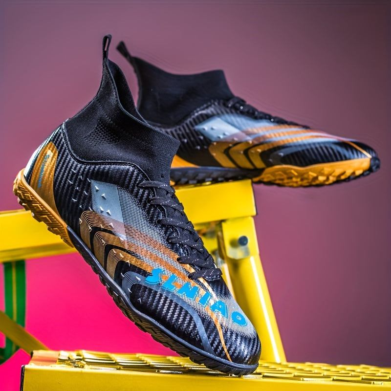 Youth soccer cleats in gold with blue accents, featuring non-slip design and comfortable lining for all-season play.