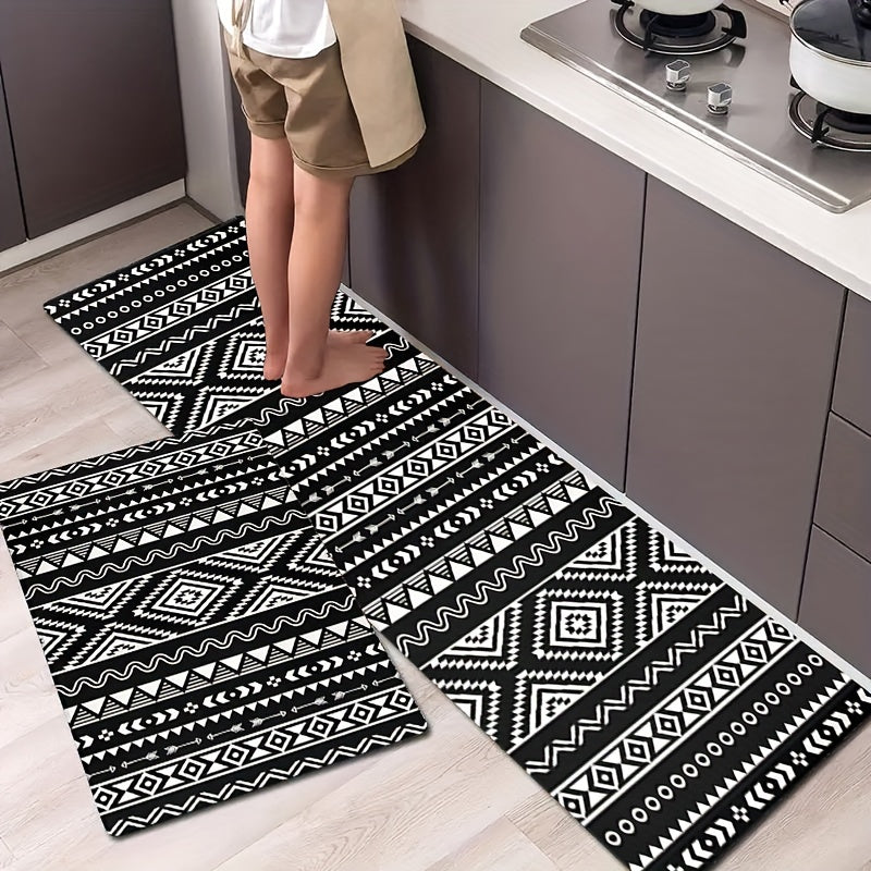 Bohemian Black And White Carpet Floor Mat for Kitchen, Dining Room, Home Office, Sink, and Laundry Room. Features Farmhouse Fatigue-Resistant design, Non-slip and Washable for added convenience.