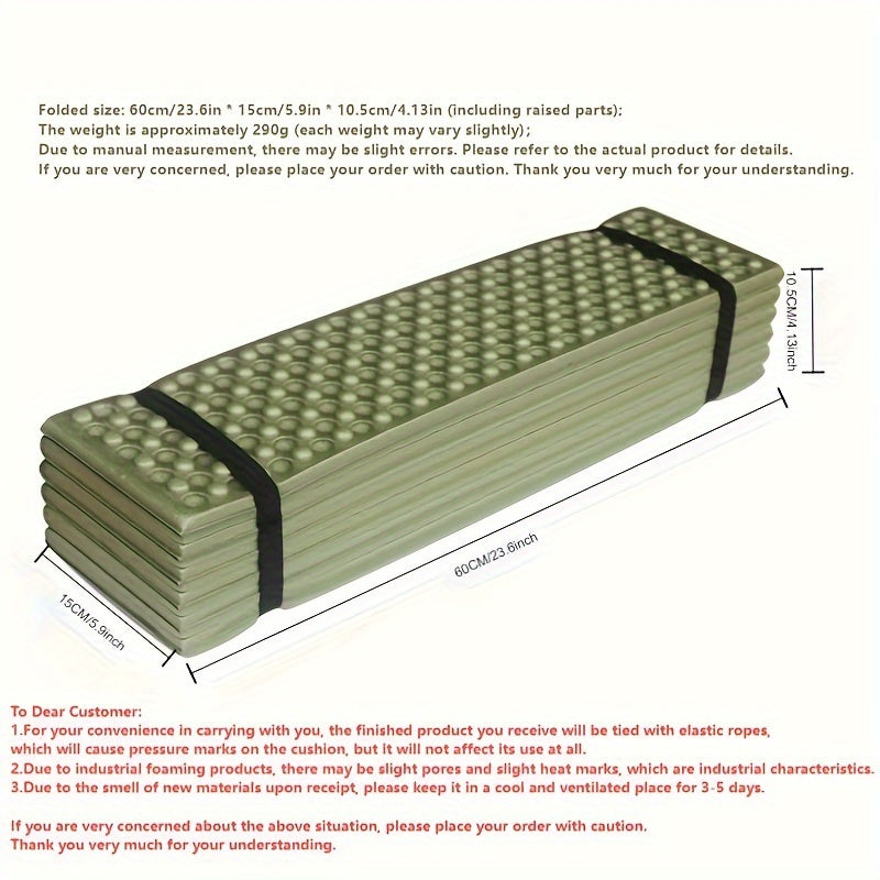 Single-person camping foam sleeping mat with portable folding design, moisture-proof features, and egg slot design. No repair kit or stuff sack included.