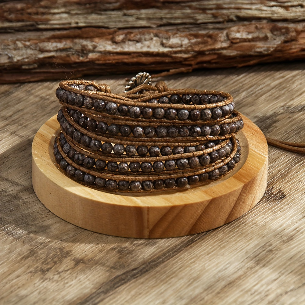 Women's Bracelet with a Bohemian Style, Waxed Cord Braid and Adjustable 5 Rows Wrap