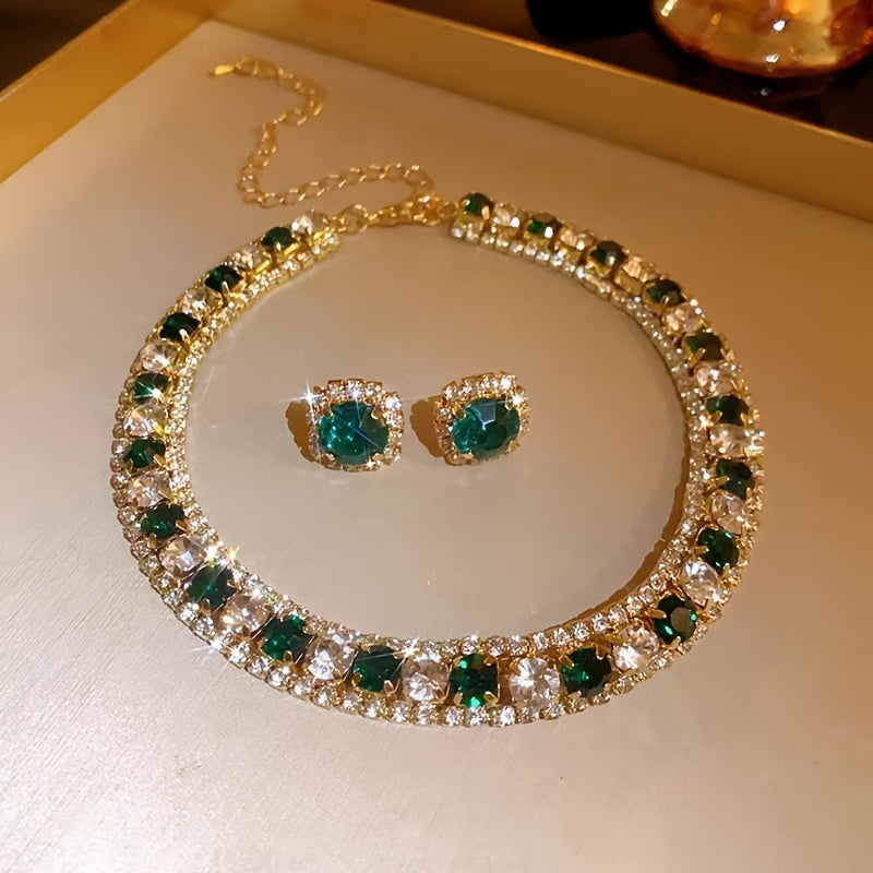 Beautiful Green Rhinestone Necklace and Earrings Set for Women, featuring a Luxurious Iron Clavicle Chain with 925 Sterling Silver Posts. Ideal Gift for Women, Perfect for Christmas Season Parties and Events. Stunning Rhinestone Decorations. Accessorize