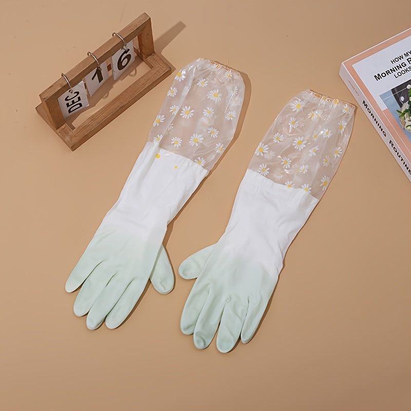 Two waterproof PVC cleaning gloves featuring a colorful daisy pattern, designed for a secure grip while washing dishes. Ideal for use in the kitchen, home, laundry, bathroom, toilet, living room, and bedroom. These gloves are non-toxic, multifunctional