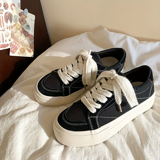 Casual platform canvas sneakers with thick retro soles, solid color design, hand washable fabric inner, and TPR outsole.