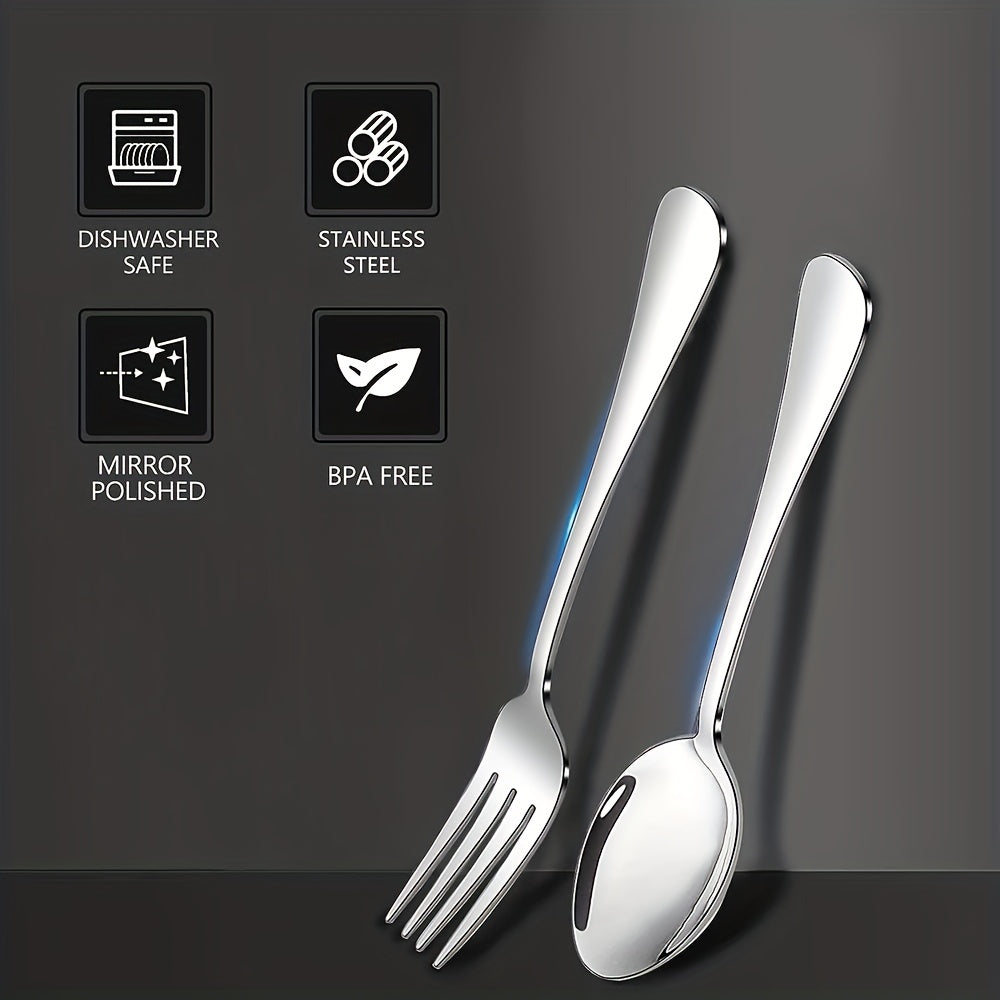 Set includes: 2 pieces - 1 fork and 1 spoon / 6 pieces - 6 forks and 6 spoons. Features salad forks and dinner spoons, mirror polished finish. Safe for dishwasher. Ideal for home, restaurants, and parties.