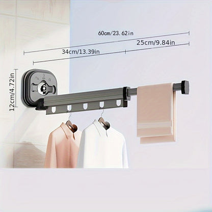 1pc Expandable Metal Clothes Drying Rack with Suction Cups, Foldable and Detachable Wall-Mounted Laundry Hanger, Telescopic Pole for Home or Outdoor Use.