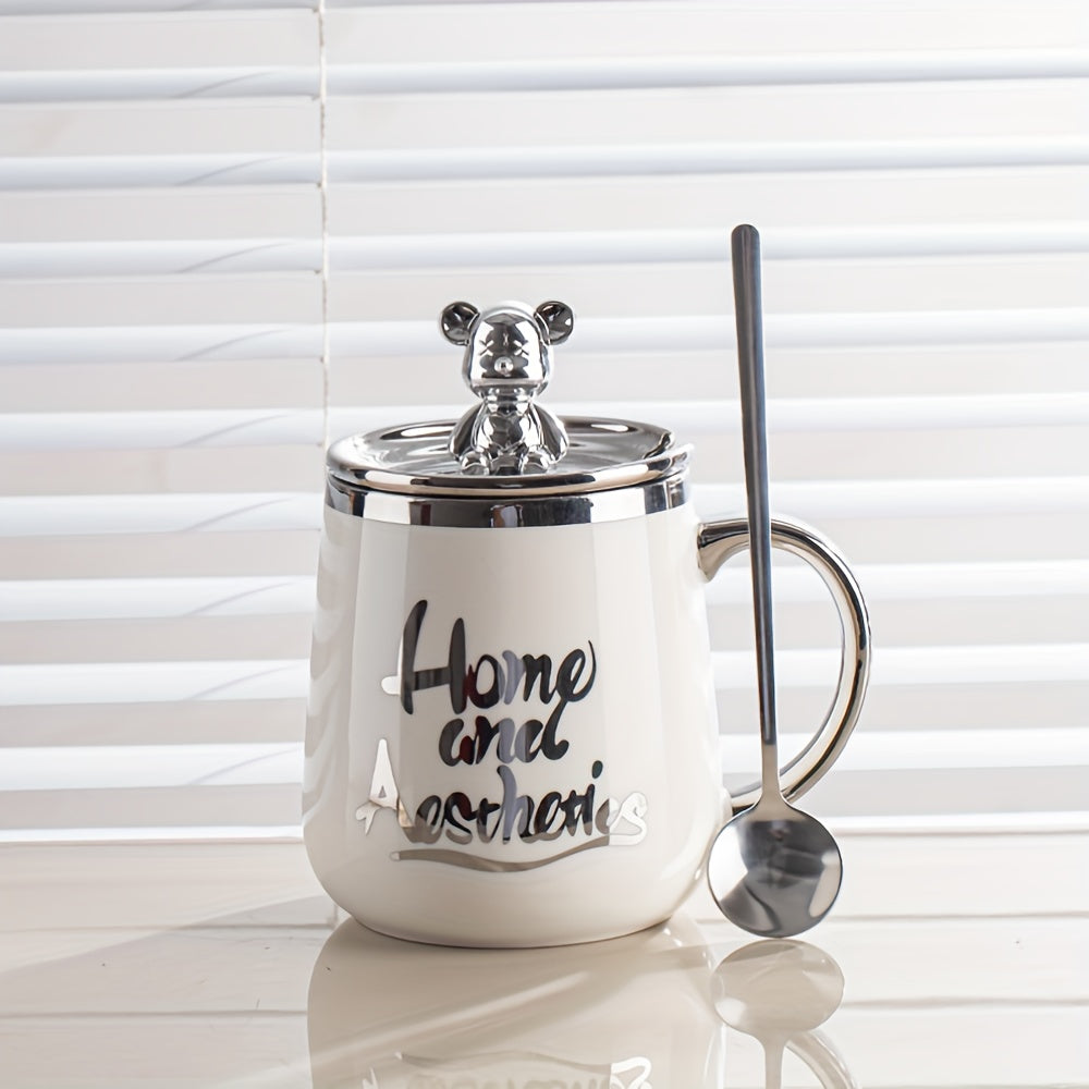 Men and women use high-value ceramic office mug with lid and spoon for breakfast coffee or water.