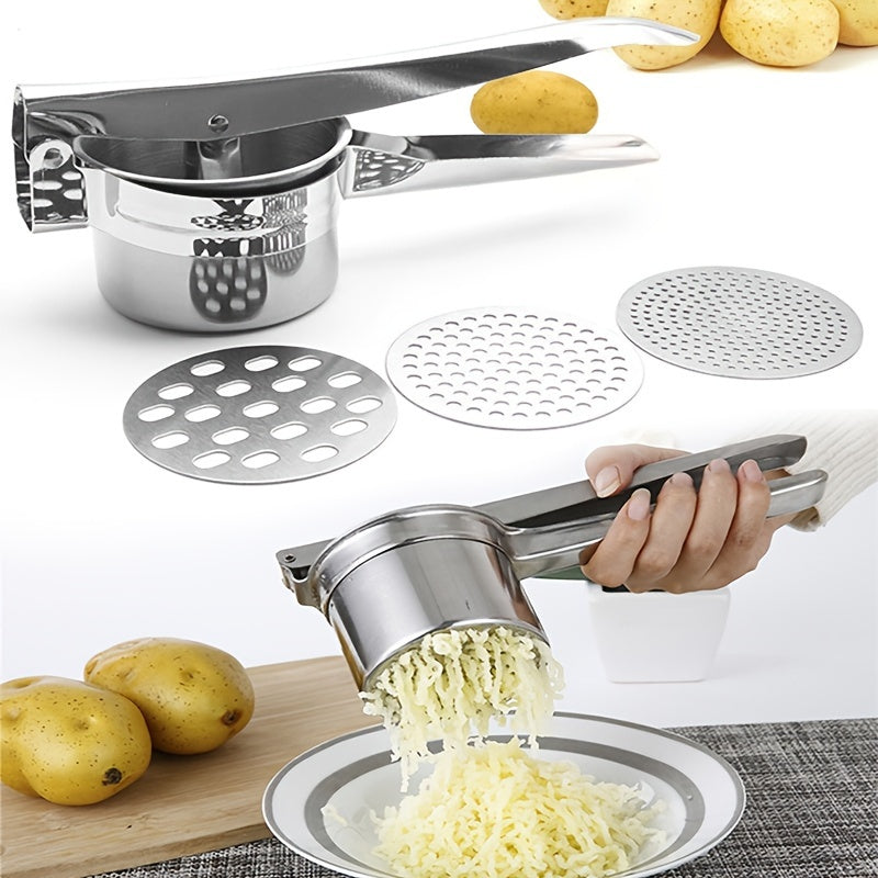 Kitchen Tools Set: Stainless Steel Potato Masher with 3 Interchangeable Fine Scale Potato Flour Machines, Fruit and Vegetable Shredders