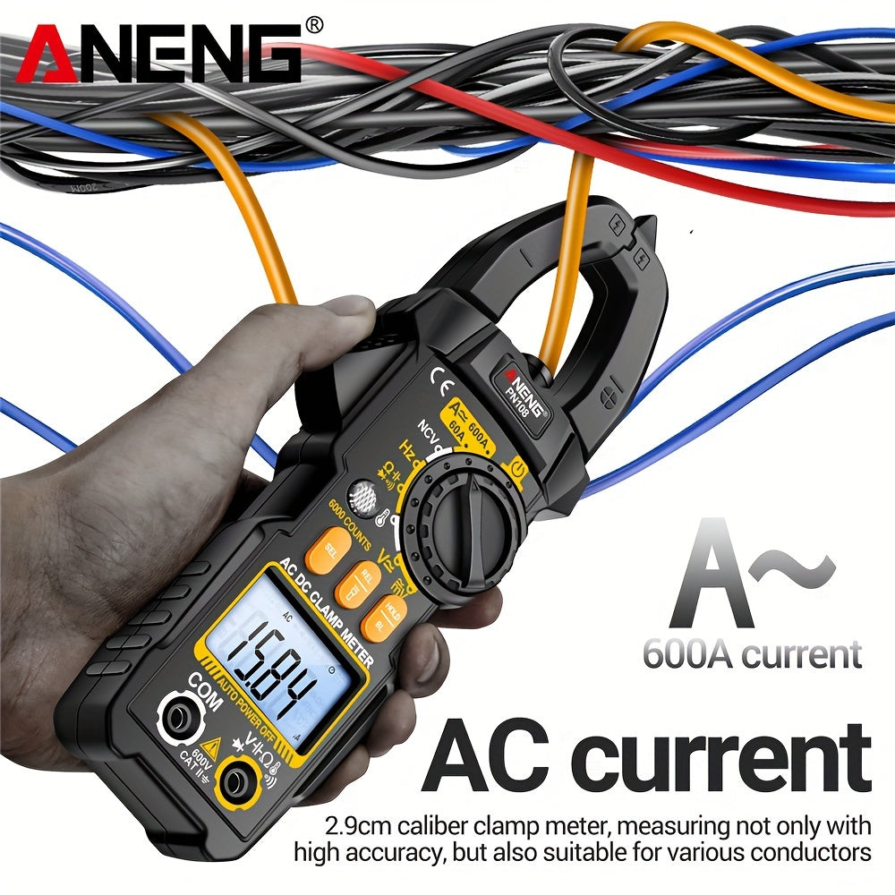 ANENG PN108 Clamp Meter with 6000 counts for measuring AC/DC voltage, 600A current, resistance, capacitance, and high precision testing.