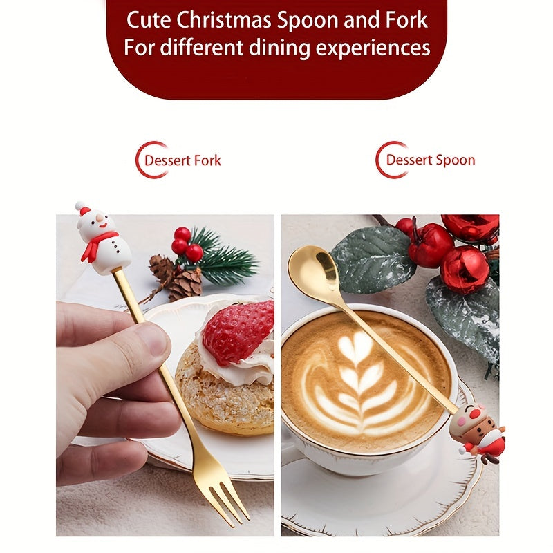 Set of 4/6 Christmas-themed stainless steel coffee spoons and forks in a red or green gift box for stirring beverages and desserts.