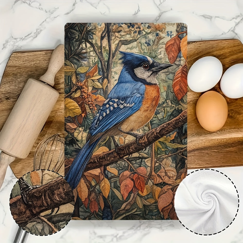 Set of 2 Coastal Style Kitchen Towels featuring a Super Absorbent Polyester Knit Fabric. Easy to clean with a machine washable design. These Contemporary Oblong Hand Towels showcase a Blue Jay Design, measuring 40.64x60.96 cm. Perfect for use as Dish