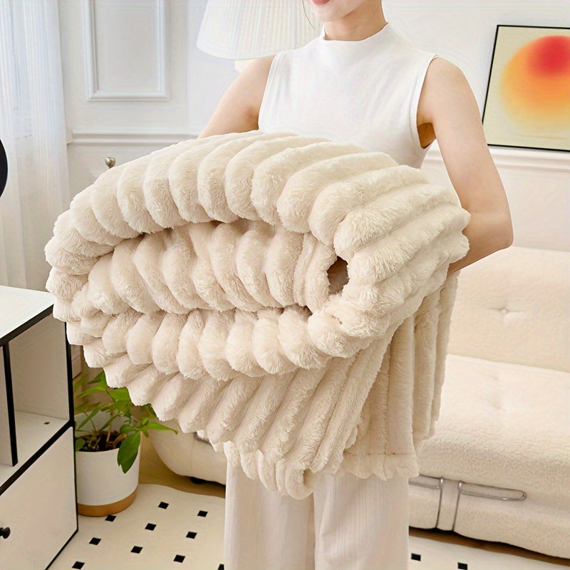 Bohemian Style White Rabbit Fur Imitation Shawl Blanket - Luxuriously Soft and Warm, Perfect for All Seasons. Made of 100% Polyester, 350-400 gsm Knit Fabric for Easy Care. Great for Sofa, Bed, Office, or Travel. A Versatile and Thoughtful Gift for Any