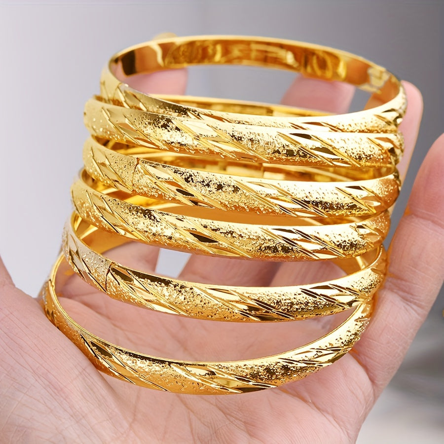 Set of 6 Middle Eastern style bangle bracelets, plated with 18K gold. This classical set is perfect for weddings, parties, and everyday wear for women.