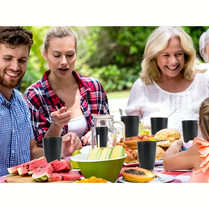 8-pack of stackable plastic cups, microwave and dishwasher safe, ideal for coffee, juice, water. Great for camping, picnics, RVs, and dorms. Holiday themed for Christmas, Halloween, Easter, Hanukkah, and Thanksgiving.