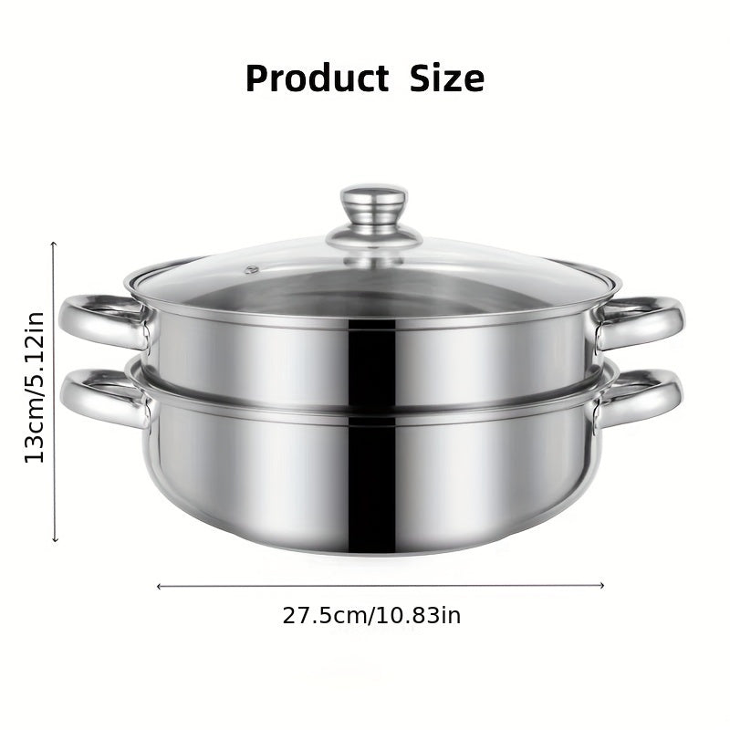 Two-Tier Stainless Steel Steamer Pot Set with Glass Lid - Stackable Saucepans, Induction Stovetop Ready, Ideal for Steaming Food and Vegetables