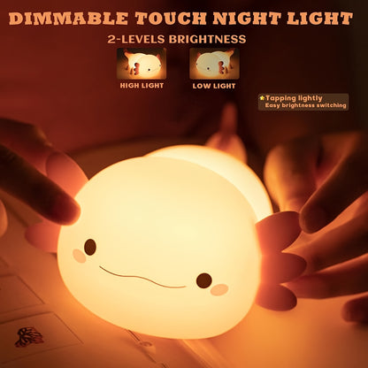 Cute Axolotl night light with touch control, dimming, and timer. USB rechargeable silicone lamp for kids' bedrooms.