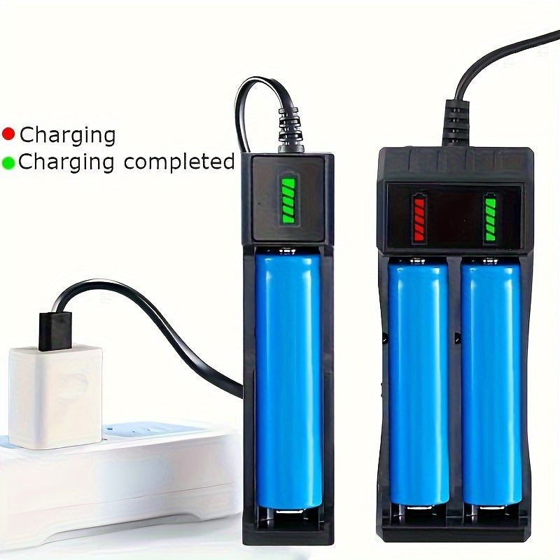 USB powered dual 18650 battery charger for 4.2V rechargeable lithium batteries, with 1/2 slot and portability.