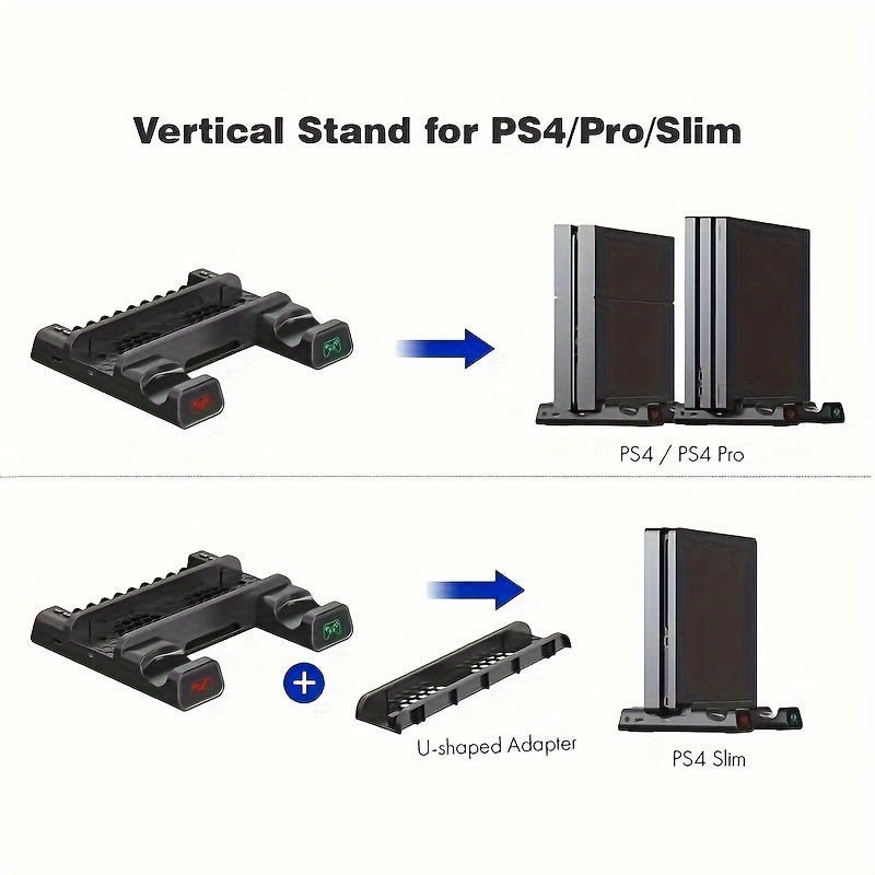 PS4 cooling stand with controller charging, light indicator, disc slot, and game card storage.