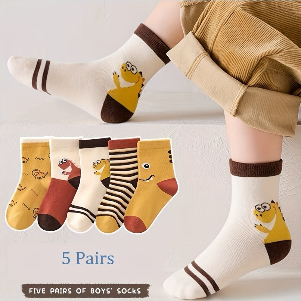 Five pairs of boys' cartoon little dinosaur socks for autumn and winter, featuring fashion color block design.