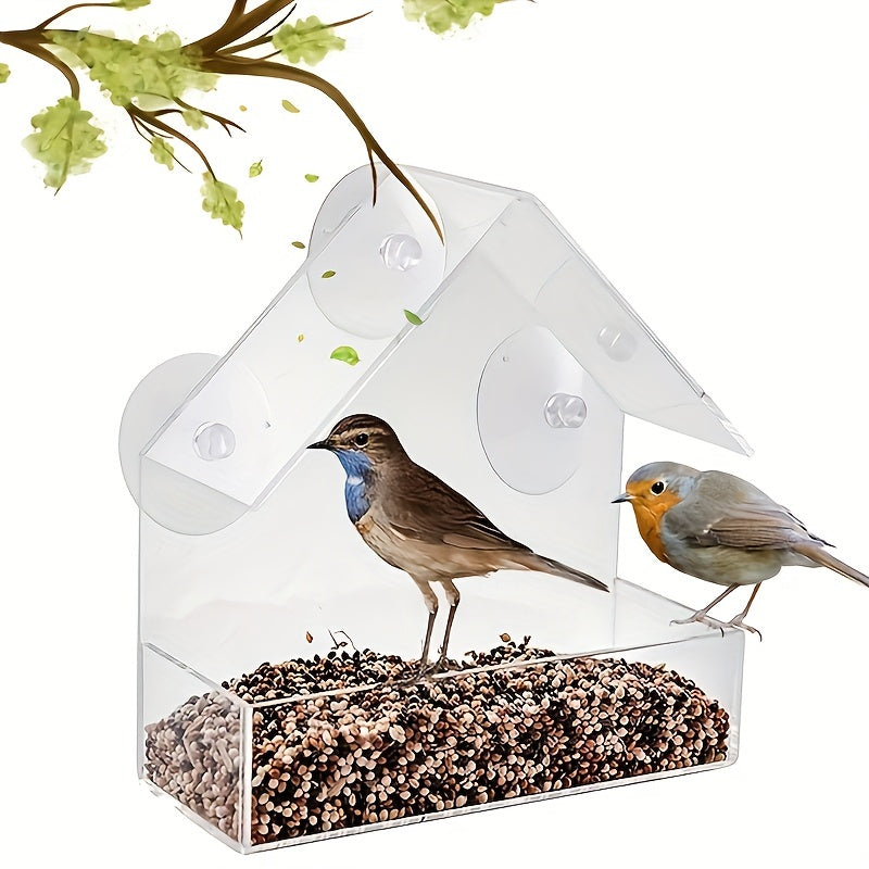 Durable clear acrylic bird feeder with suction cup for all bird species, easy to clean and perfect for window installation.