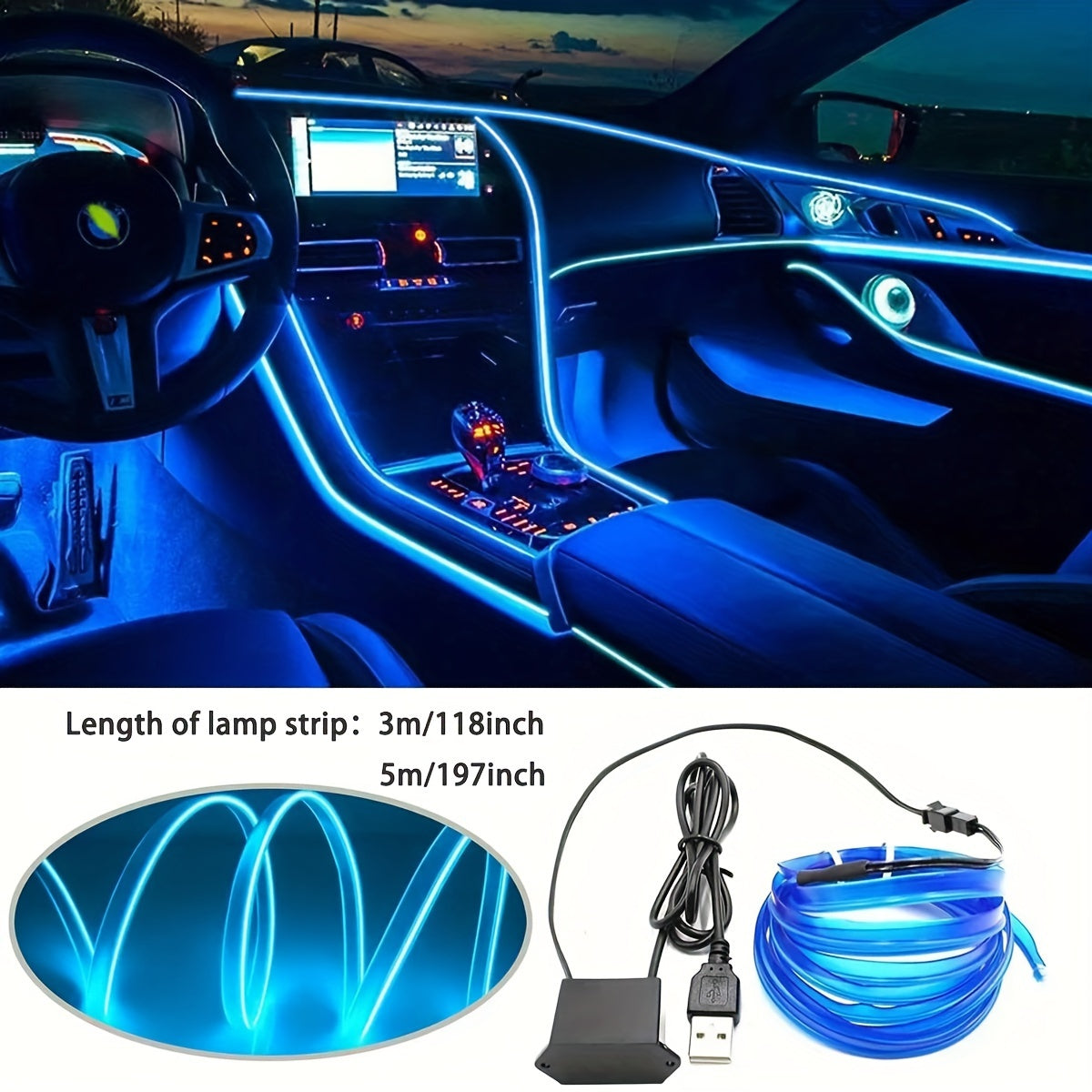 3M/5M LED smart interior decorative lights, no wiring required, USB-driven atmosphere lights for car decoration, holiday parties, and birthdays.