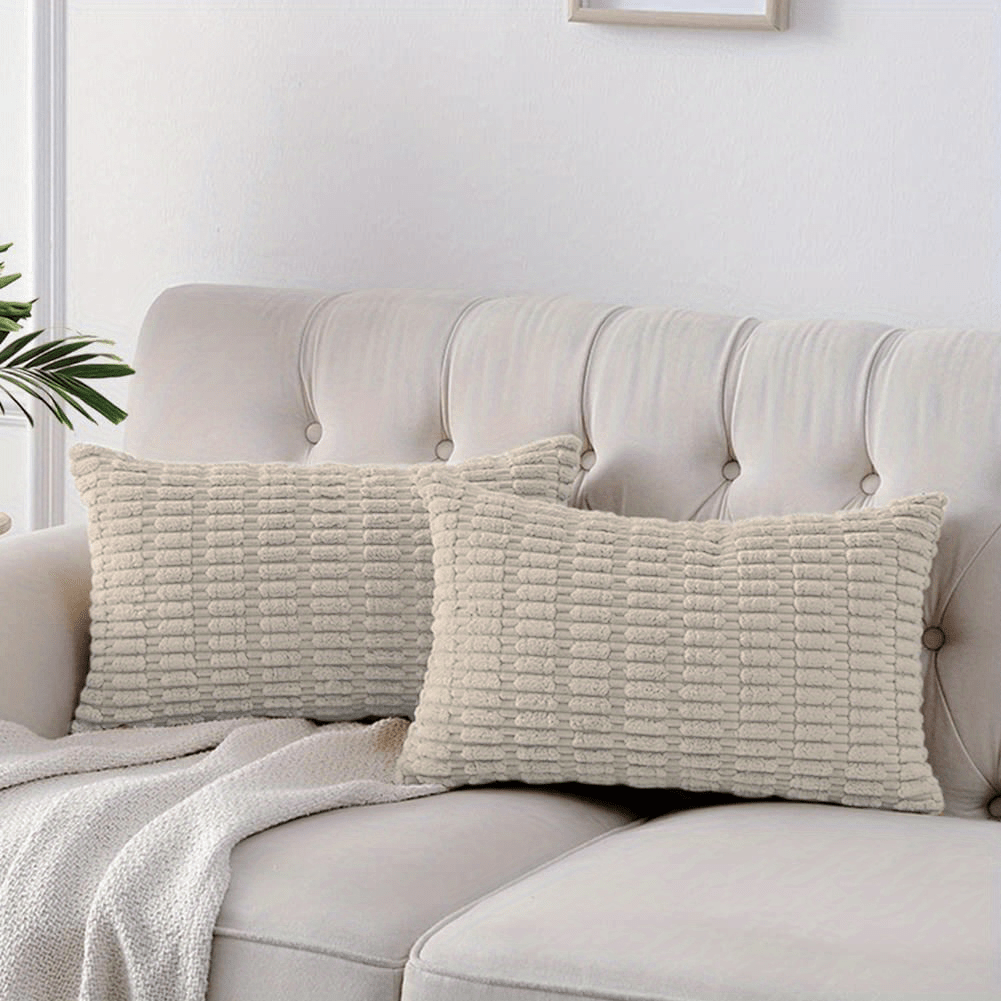 2 Corduroy Decorative Throw Pillow Covers, Soft Boho Striped design for modern farmhouse home decor, suitable for sofa, living room, couch, and bed. Pillow cores not included.