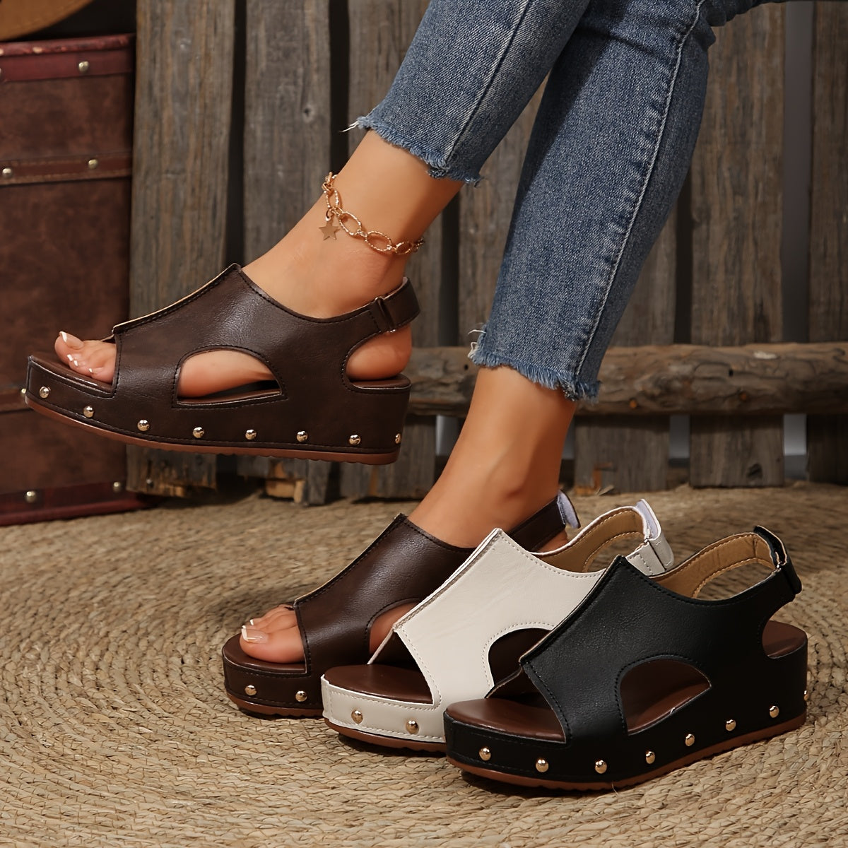 Comfort wedge sandals for women with open toe, mid-heel, hook-and-loop closure, faux cover for summer.