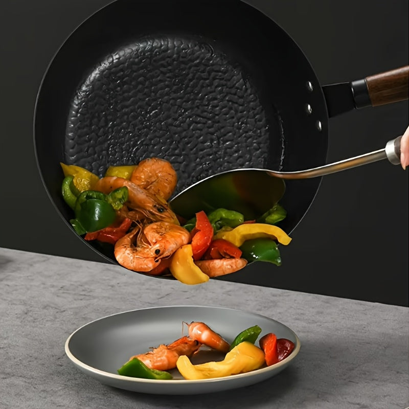 One 11-inch Hand-Forged Cast Iron Wok - Suitable for Induction, Electric, Gas, and Halogen Stoves - Durable, Multifunctional, and High-Temperature Resistant - Uncoated and Non-Stick - Ideal Kitchen Cookware (1 Piece)