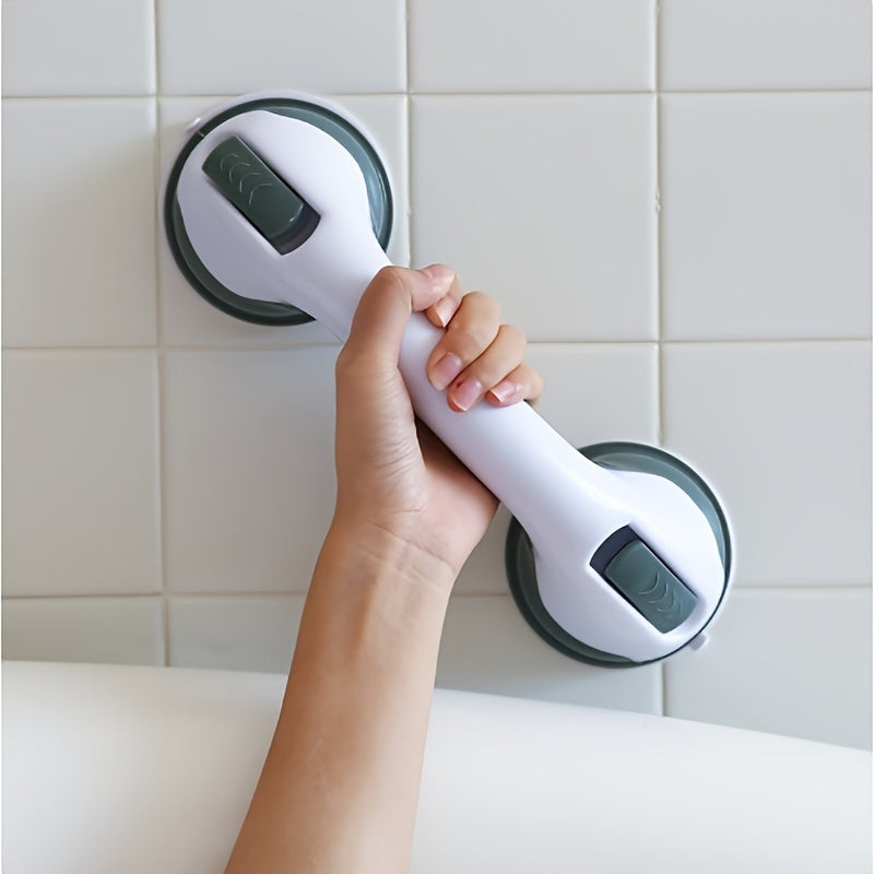 Simple-to-install bathroom handles with suction cups, perfect for pregnant women and the elderly. Made with a modern plastic/brass design.