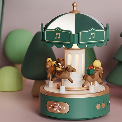 Cartoon Carousel Music Box Night Light with adjustable lighting and push button control, rechargeable via USB. Perfect for home decor and gifting.