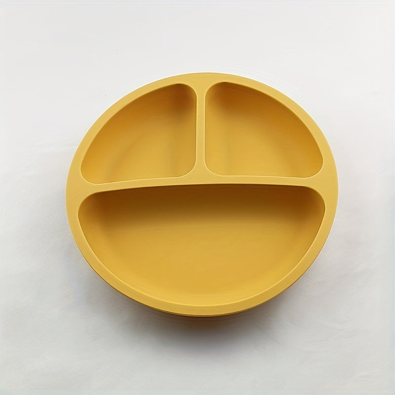 Silicone dining set for children includes plate, bowl, utensils, and microwave-safe bowl free of BPA.