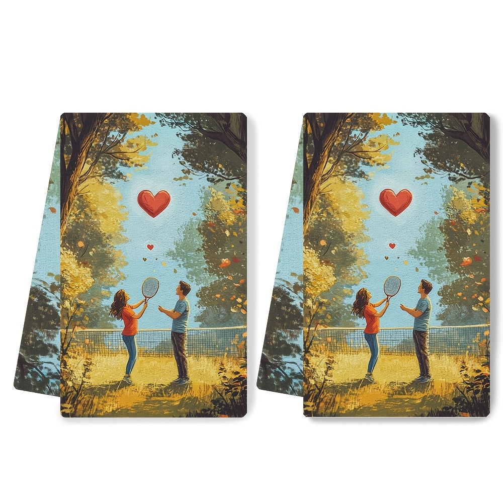 This pair of ultra-soft kitchen towels showcases a charming scene of a couple playing badminton in a park, complete with a heart-decorated shuttlecock flying between them. These highly absorbent dish towels are ideal for holiday decorating, machine