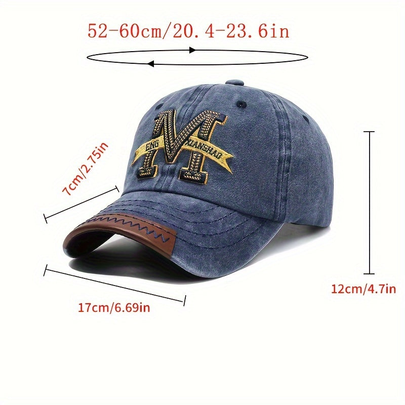 Spring and autumn retro washed denim duckbill cap with old letter M embroidery for men and women.