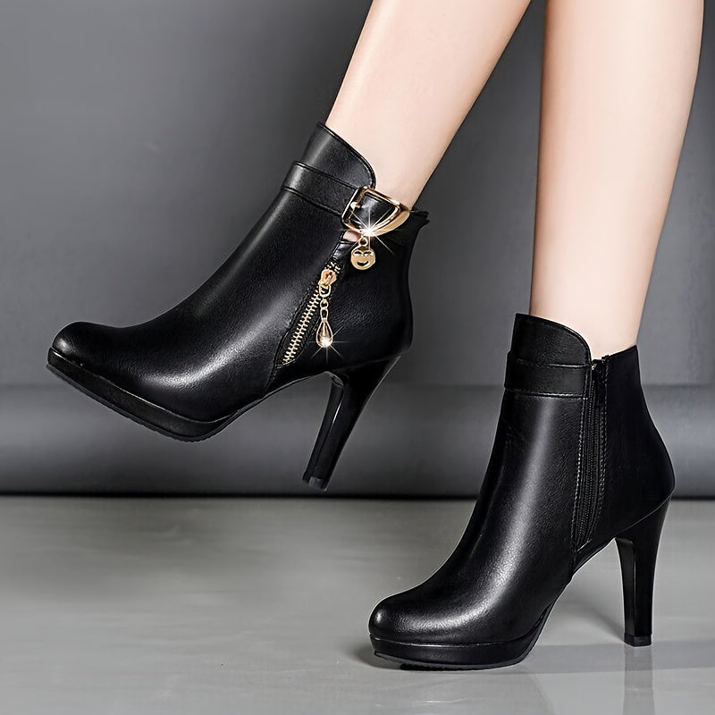 Stylish women's ankle boots with pointed toe, high heel, side zipper.