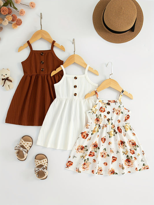 Infant & Toddler Girl's 3-piece Sleeveless Dress Set, perfect for Summer/Spring with Flower Print & Solid Color