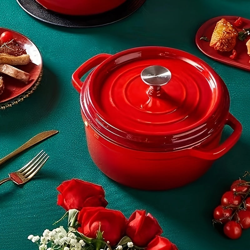 This Dutch oven is made of enameled cast iron and features convenient handles. It has a diameter of 18.2cm (7.16in), a height of 14cm (5.5in), a depth of 6.4cm (2.5in), and a capacity of 1.7kg. It is suitable for use on gas stoves.