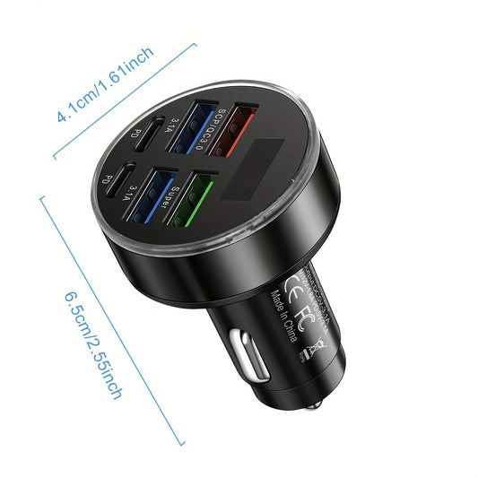 Hianda 6-in-1 USB Super Car Charger with LED Screen, Rapid Charging for 6 Phones