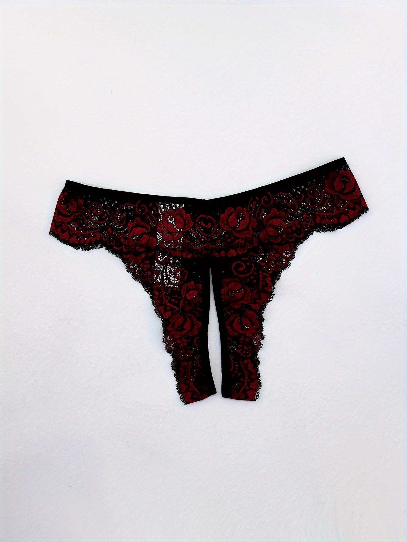 Multi-colored lace crotchless underwear for women with sexy contrast splicing.