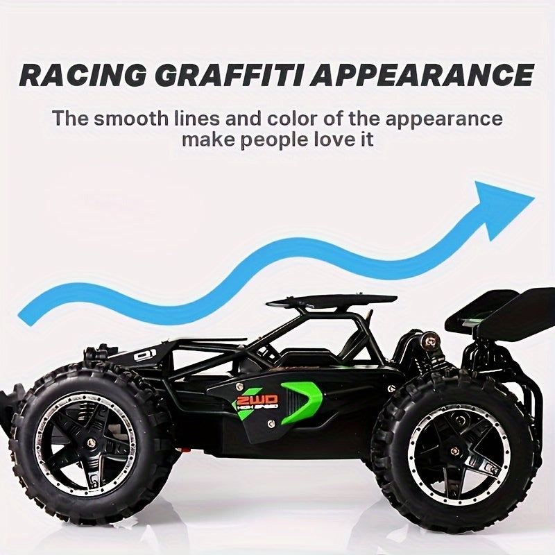 1:18 scale off-road RC car with 2.4G remote control, independent shock absorbers, dual battery, and large tires for all-terrain play.