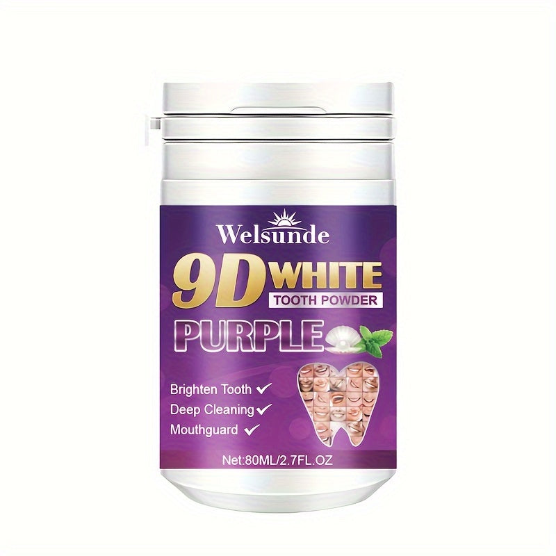 Purple tooth powder for men and women, offers fresh breath and travel convenience.