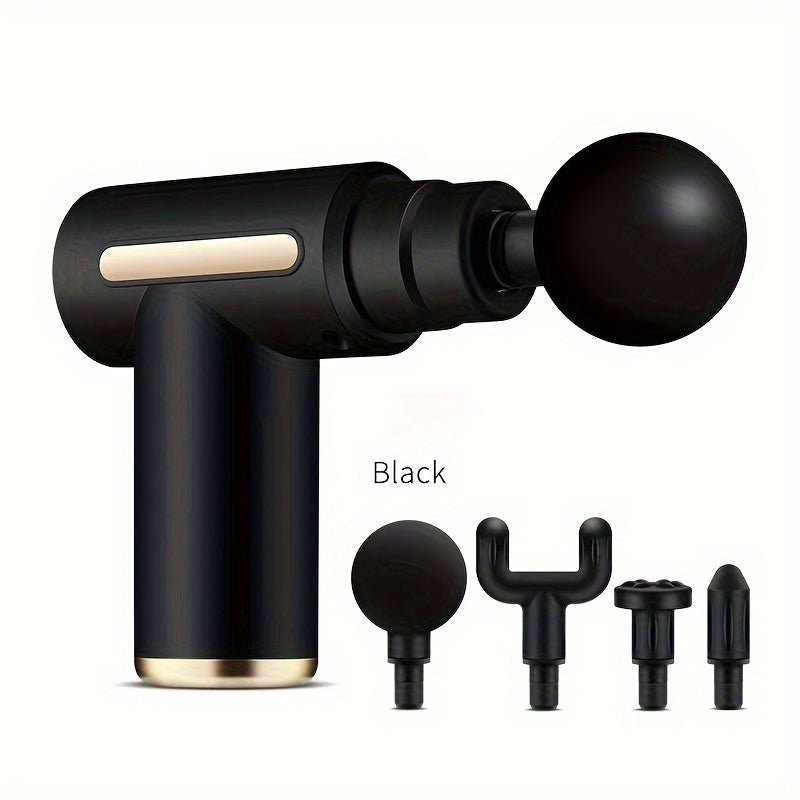 Handheld percussion massager with sleek black and golden design, 4 replaceable heads, 6-speed adjustment, and quiet brushless motor. USB rechargeable with 800mAh lithium battery for full