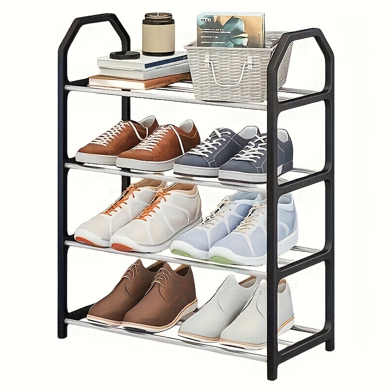 This shoe rack features a durable 4-tier metal design that is easy to assemble. It is odorless and suitable for both home and commercial use. Perfect for organizing shoes in the entryway or bedroom, with sturdy floor mounting and golden tube diameter