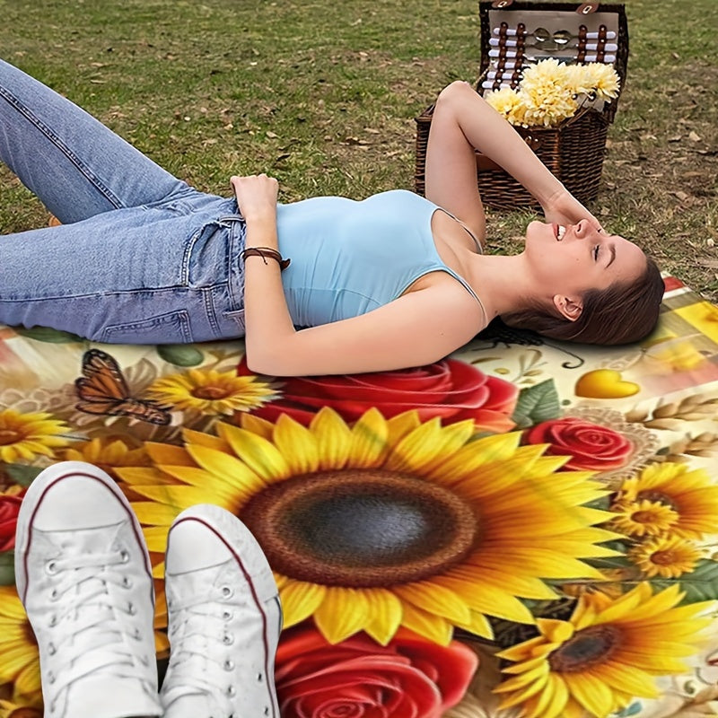 This versatile Sunflower and Butterfly Print Flannel Fleece Throw Blanket is the perfect addition to your home decor. With its reversible design, tear-resistant construction, and all-season functionality, this blanket combines contemporary style with