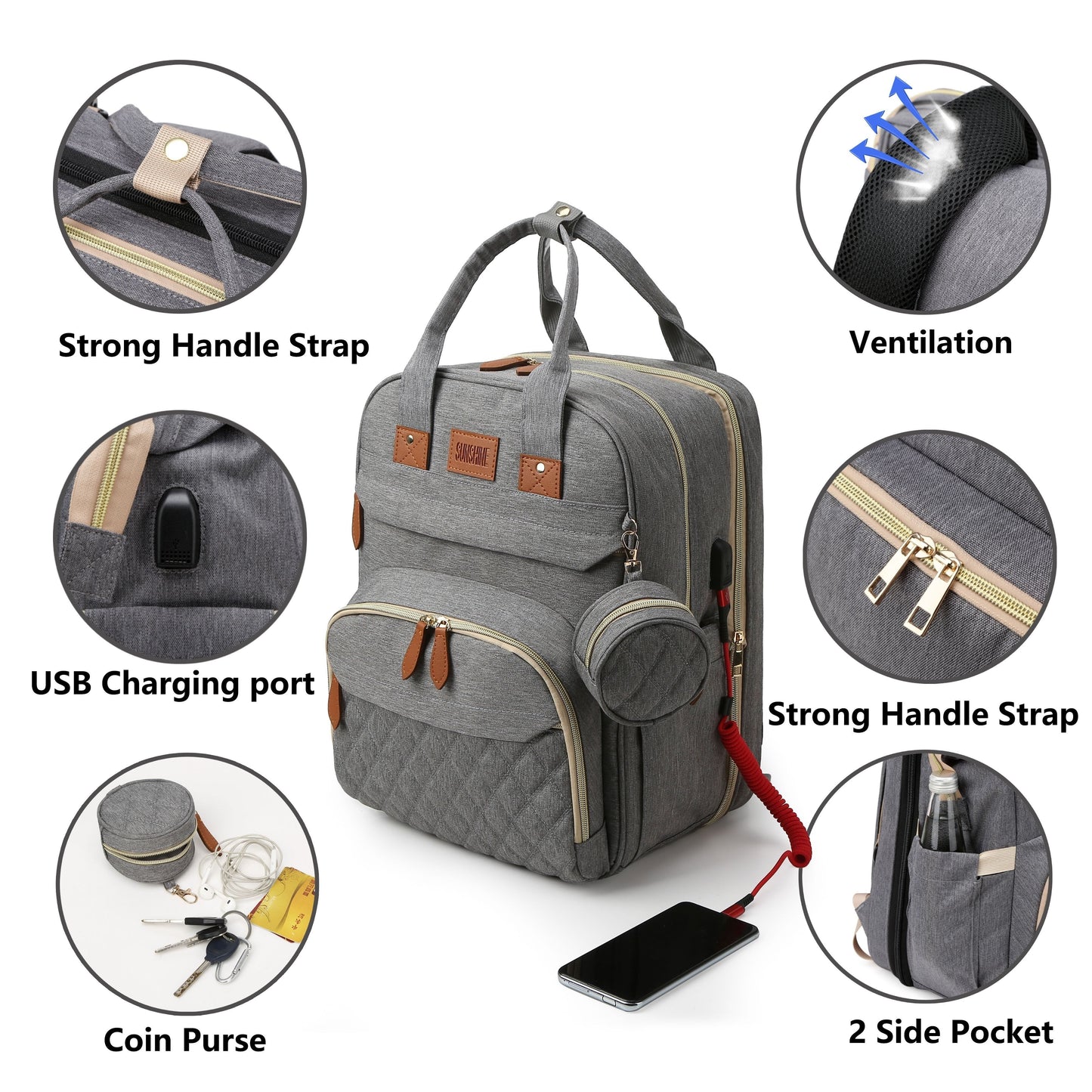 The Lamroro Diaper Bag Backpack is a must-have for parents on the go! This multi-functional polyester travel bag features a convenient USB charging port, zipper closure, anti-sunburn design, utility pocket, and strong handle strap. Perfect for moms and